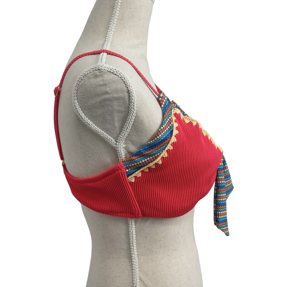 Swimsuits For All Mentor Tie Front Ribbed Bikini Top Coral Red Aztec Womens 12 - Picture 3 of 7